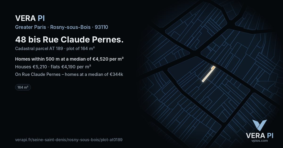 48 bis Rue Claude Pernes, Rosny-sous-Bois at night – the plot lit, the parcels around coloured by the prices near them