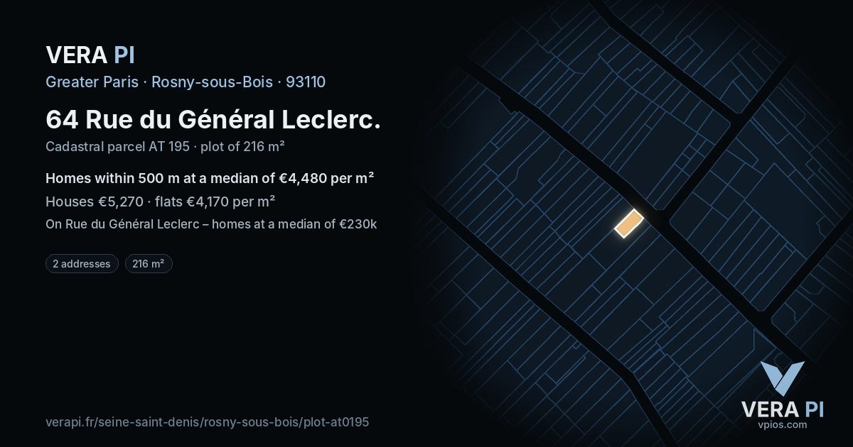 64 Rue du Général Leclerc, Rosny-sous-Bois at night – the plot lit, the parcels around coloured by the prices near them