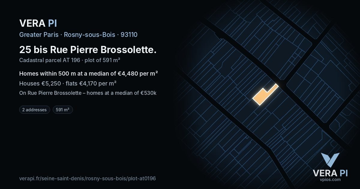 25 bis Rue Pierre Brossolette, Rosny-sous-Bois at night – the plot lit, the parcels around coloured by the prices near them