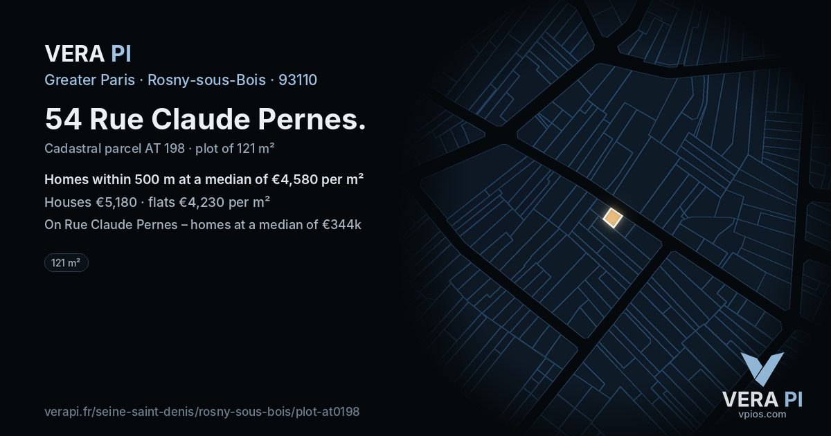 54 Rue Claude Pernes, Rosny-sous-Bois at night – the plot lit, the parcels around coloured by the prices near them