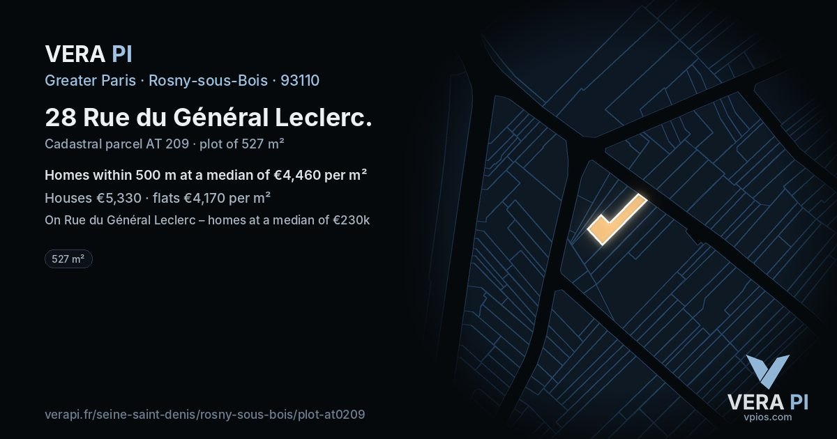 28 Rue du Général Leclerc, Rosny-sous-Bois at night – the plot lit, the parcels around coloured by the prices near them