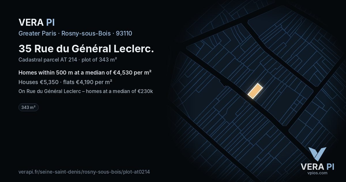 35 Rue du Général Leclerc, Rosny-sous-Bois at night – the plot lit, the parcels around coloured by the prices near them