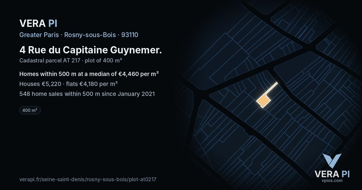 4 Rue du Capitaine Guynemer, Rosny-sous-Bois at night – the plot lit, the parcels around coloured by the prices near them
