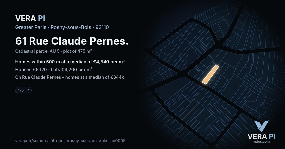 61 Rue Claude Pernes, Rosny-sous-Bois at night – the plot lit, the parcels around coloured by the prices near them