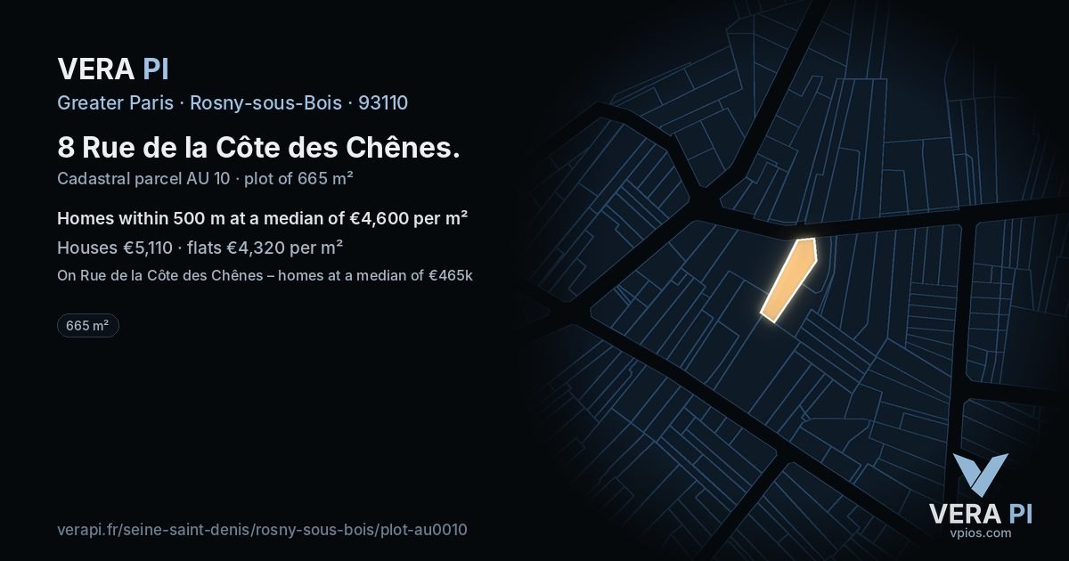 8 Rue de la Côte des Chênes, Rosny-sous-Bois at night – the plot lit, the parcels around coloured by the prices near them