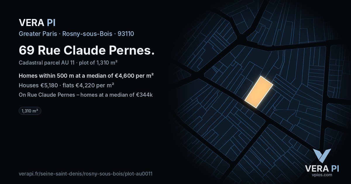 69 Rue Claude Pernes, Rosny-sous-Bois at night – the plot lit, the parcels around coloured by the prices near them