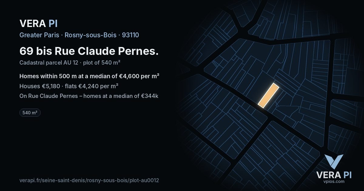 69 bis Rue Claude Pernes, Rosny-sous-Bois at night – the plot lit, the parcels around coloured by the prices near them