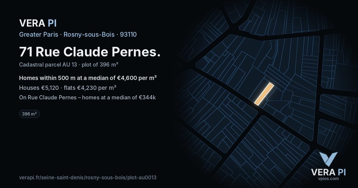 71 Rue Claude Pernes, Rosny-sous-Bois at night – the plot lit, the parcels around coloured by the prices near them