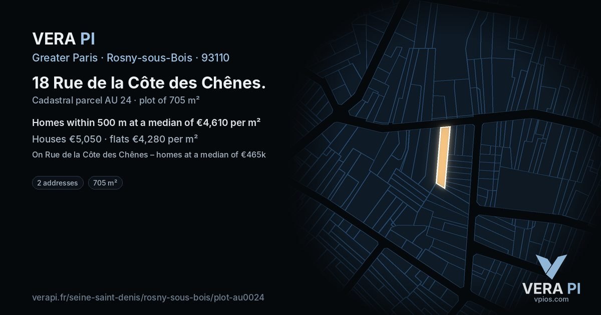18 Rue de la Côte des Chênes, Rosny-sous-Bois at night – the plot lit, the parcels around coloured by the prices near them