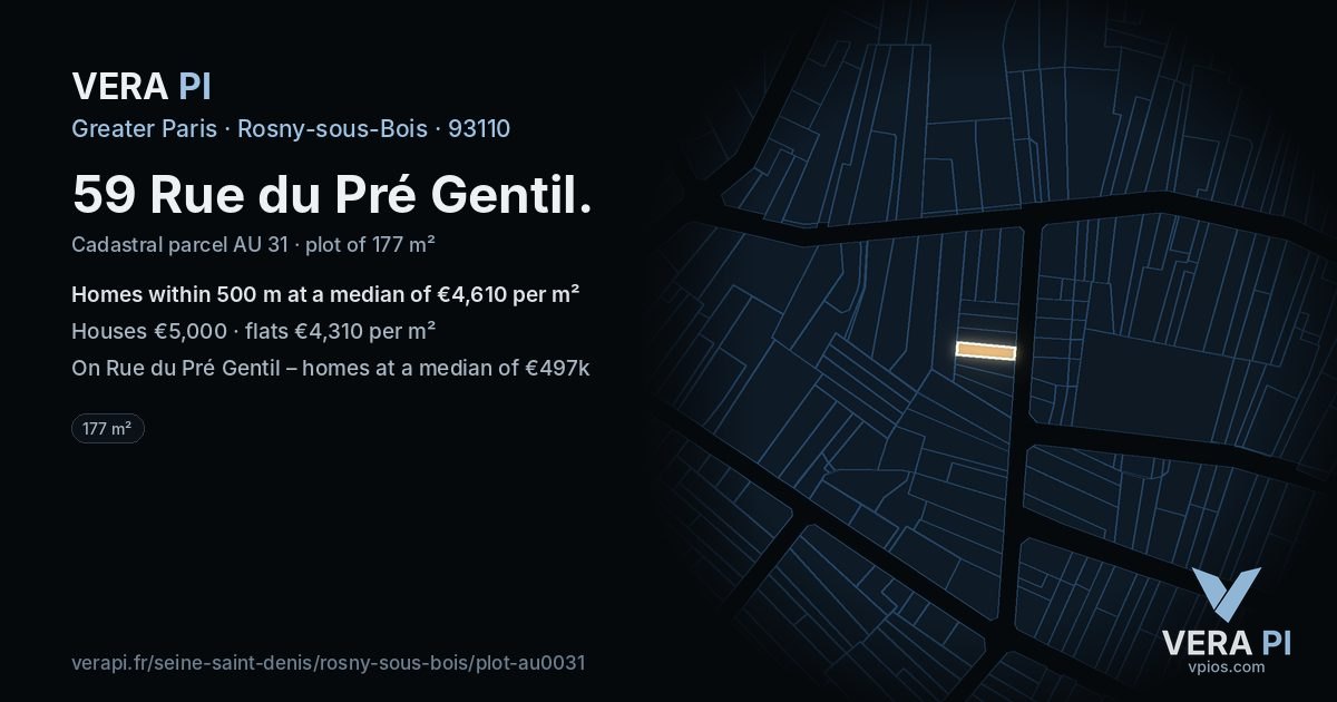 59 Rue du Pré Gentil, Rosny-sous-Bois at night – the plot lit, the parcels around coloured by the prices near them