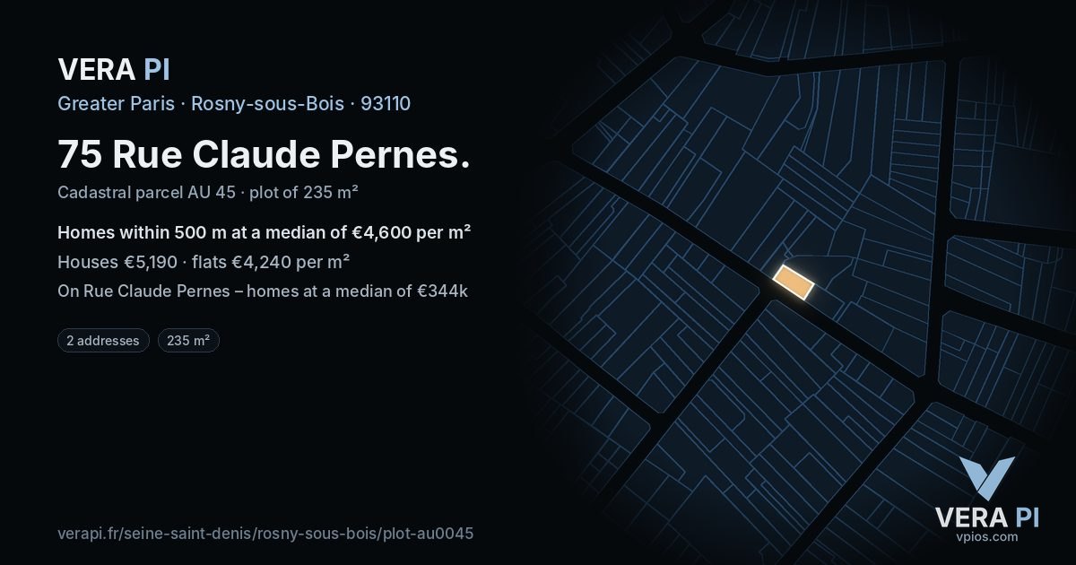 75 Rue Claude Pernes, Rosny-sous-Bois at night – the plot lit, the parcels around coloured by the prices near them