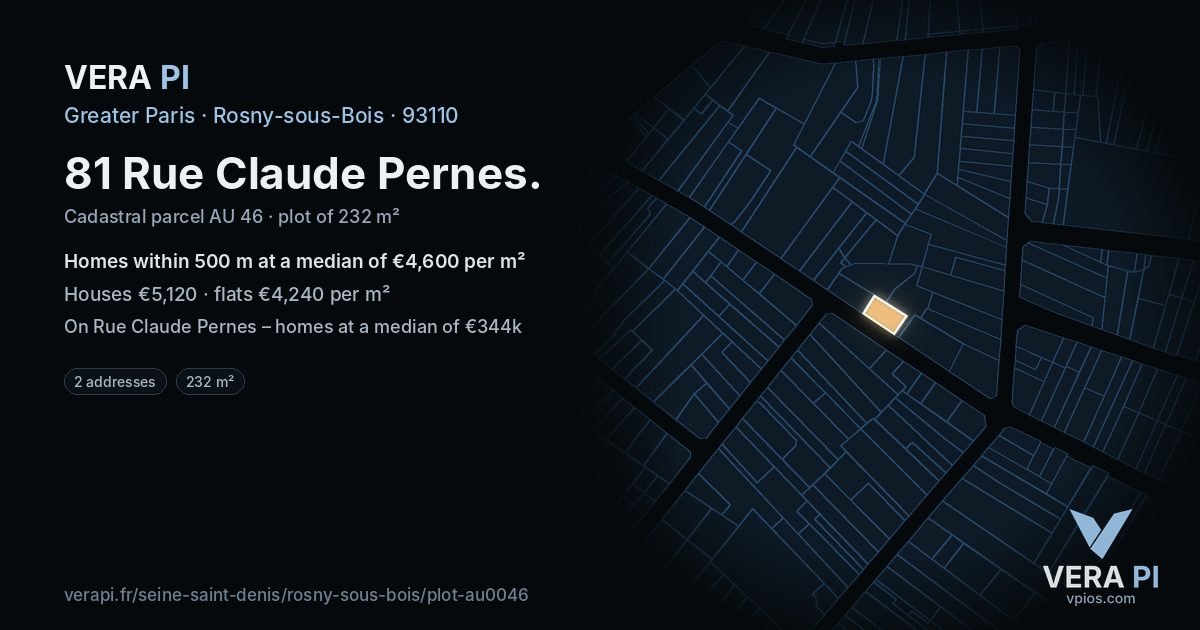 81 Rue Claude Pernes, Rosny-sous-Bois at night – the plot lit, the parcels around coloured by the prices near them