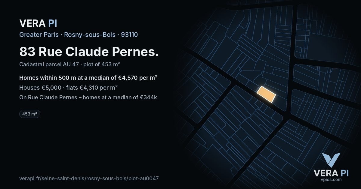 83 Rue Claude Pernes, Rosny-sous-Bois at night – the plot lit, the parcels around coloured by the prices near them