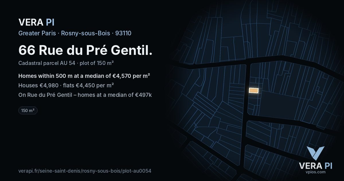 66 Rue du Pré Gentil, Rosny-sous-Bois at night – the plot lit, the parcels around coloured by the prices near them