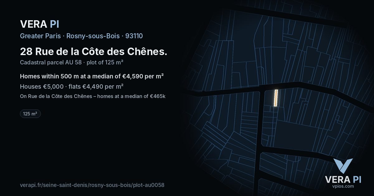28 Rue de la Côte des Chênes, Rosny-sous-Bois at night – the plot lit, the parcels around coloured by the prices near them