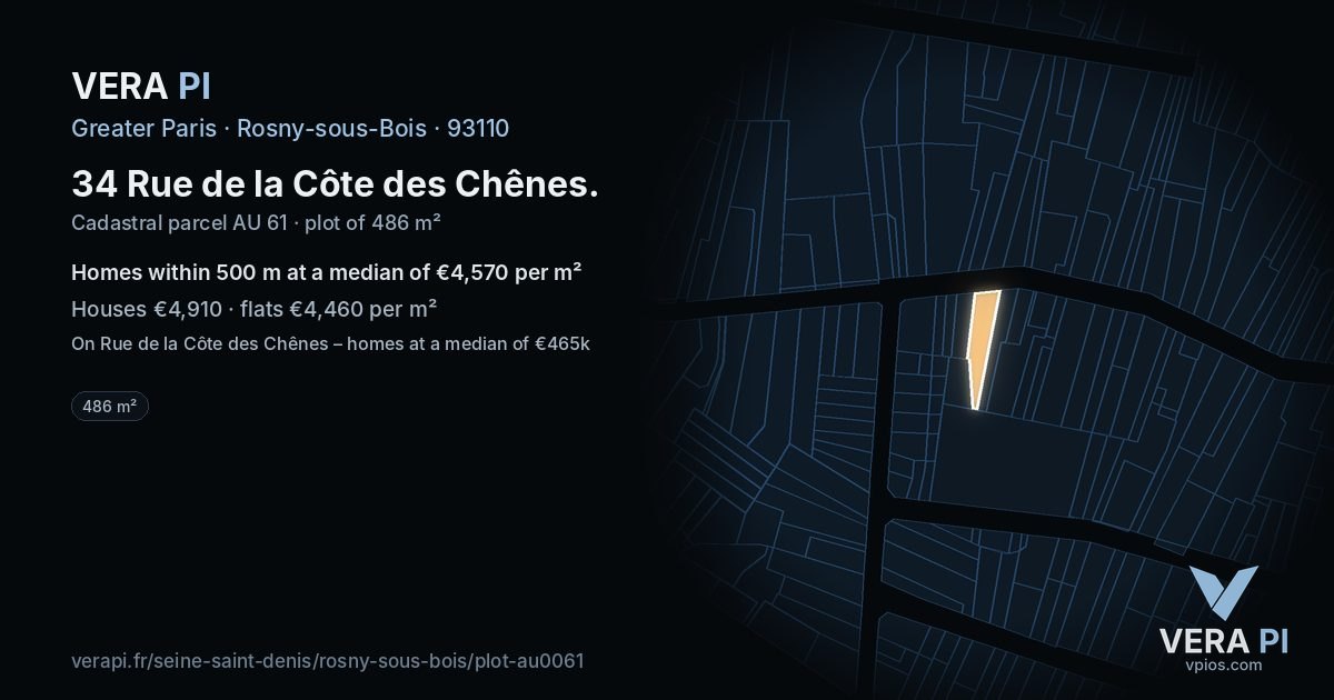 34 Rue de la Côte des Chênes, Rosny-sous-Bois at night – the plot lit, the parcels around coloured by the prices near them