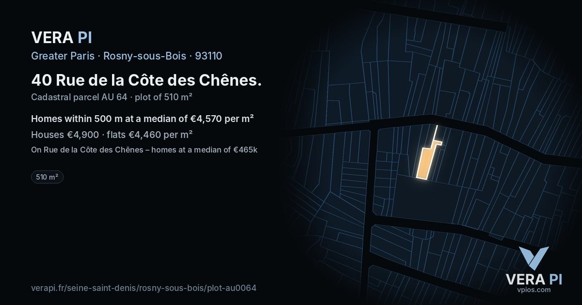 40 Rue de la Côte des Chênes, Rosny-sous-Bois at night – the plot lit, the parcels around coloured by the prices near them