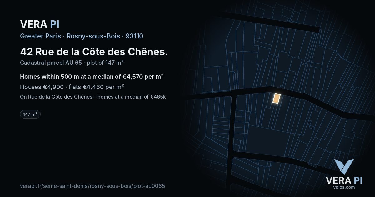 42 Rue de la Côte des Chênes, Rosny-sous-Bois at night – the plot lit, the parcels around coloured by the prices near them