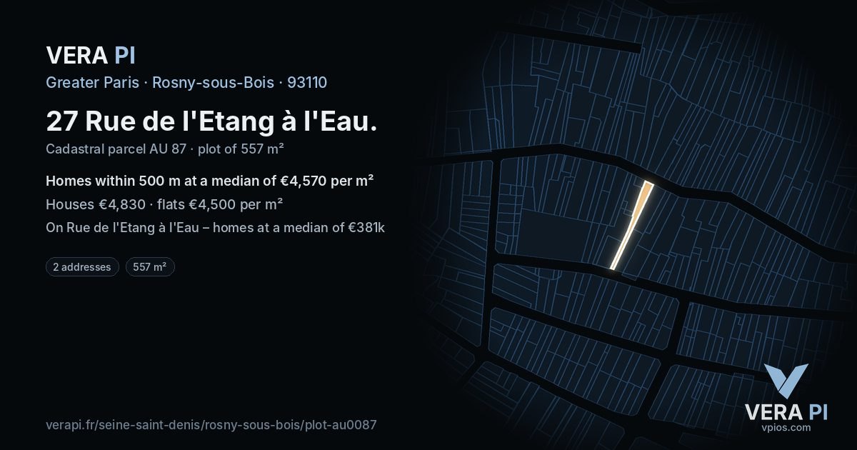 27 Rue de l'Etang à l'Eau, Rosny-sous-Bois at night – the plot lit, the parcels around coloured by the prices near them