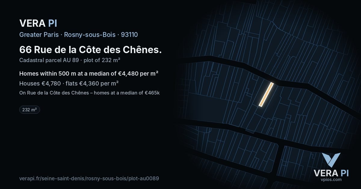 66 Rue de la Côte des Chênes, Rosny-sous-Bois at night – the plot lit, the parcels around coloured by the prices near them