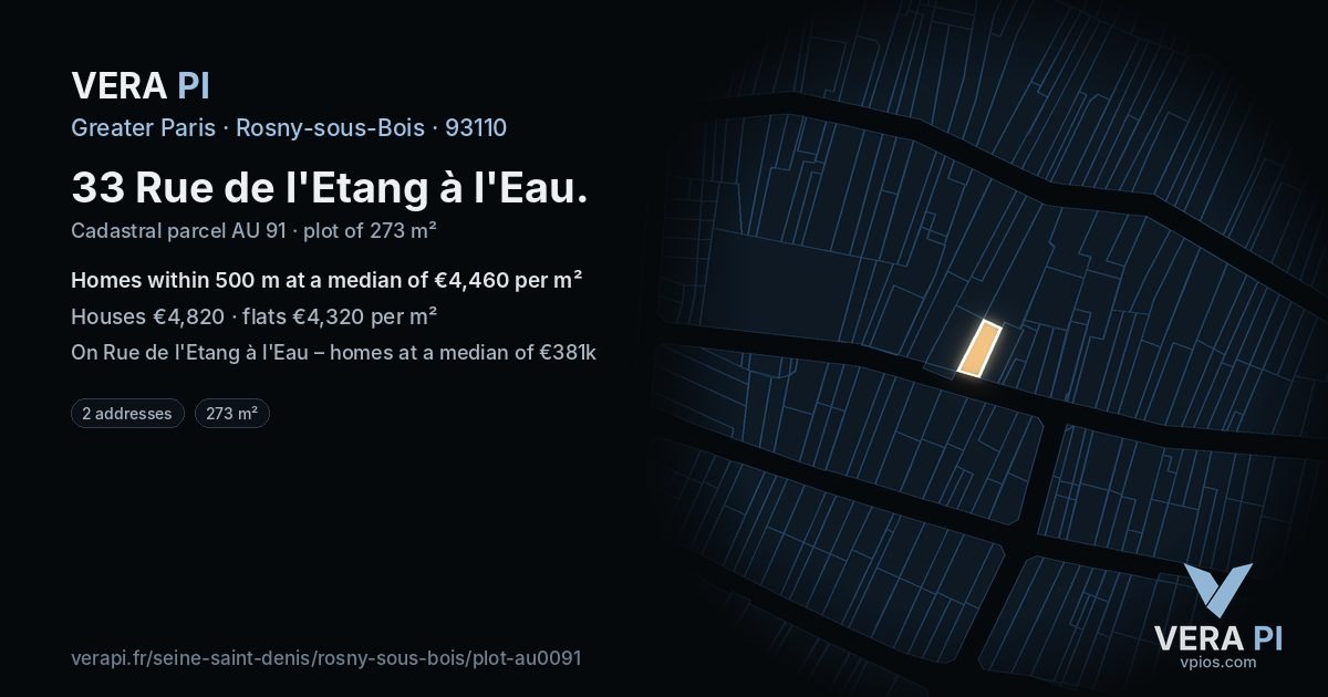33 Rue de l'Etang à l'Eau, Rosny-sous-Bois at night – the plot lit, the parcels around coloured by the prices near them