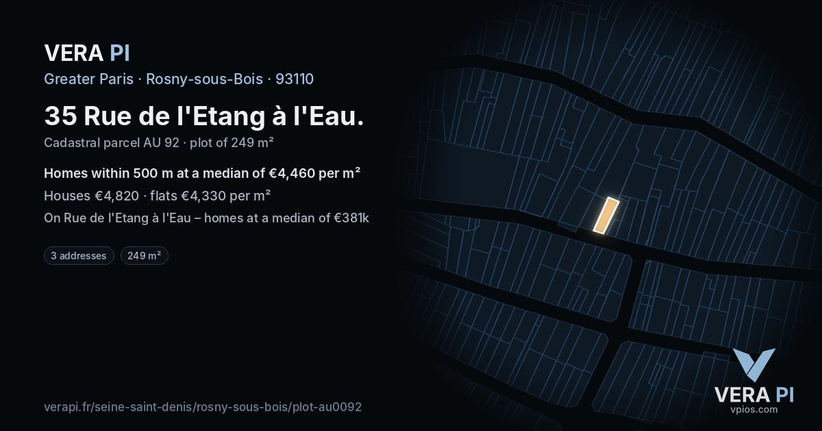35 Rue de l'Etang à l'Eau, Rosny-sous-Bois at night – the plot lit, the parcels around coloured by the prices near them