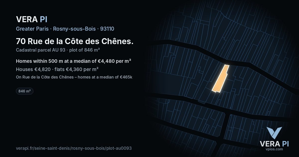 70 Rue de la Côte des Chênes, Rosny-sous-Bois at night – the plot lit, the parcels around coloured by the prices near them