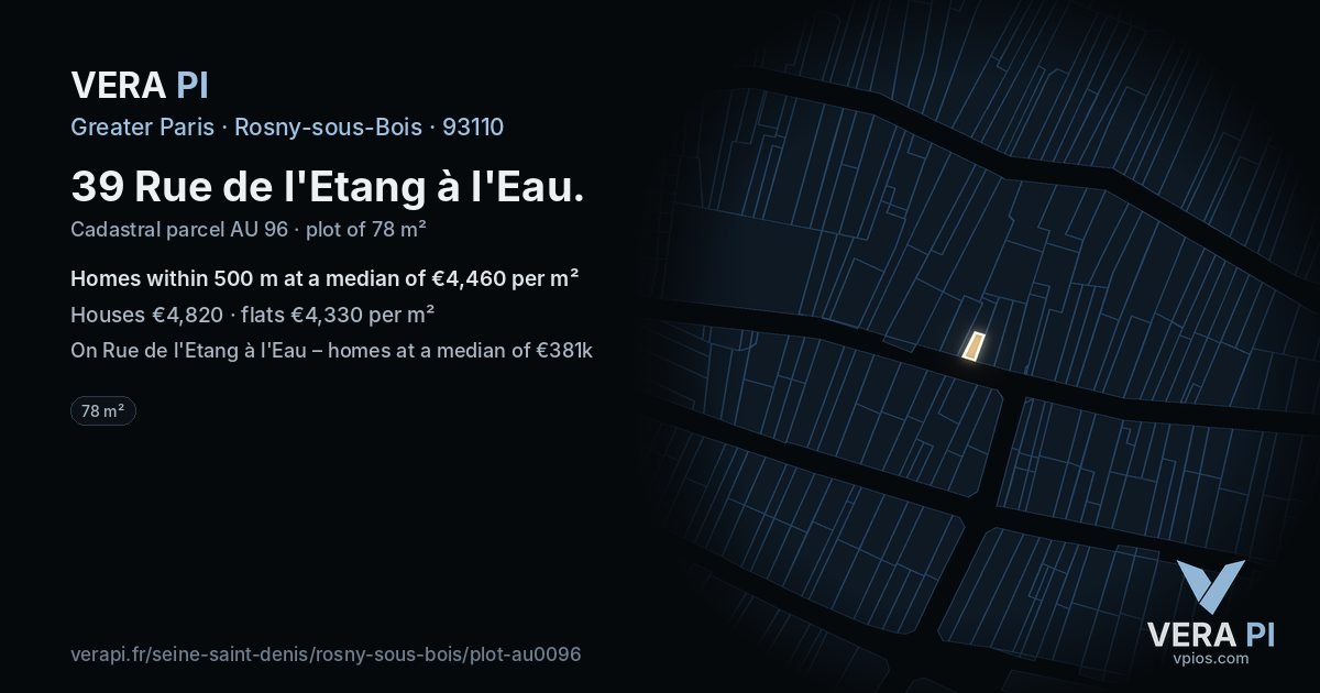 39 Rue de l'Etang à l'Eau, Rosny-sous-Bois at night – the plot lit, the parcels around coloured by the prices near them