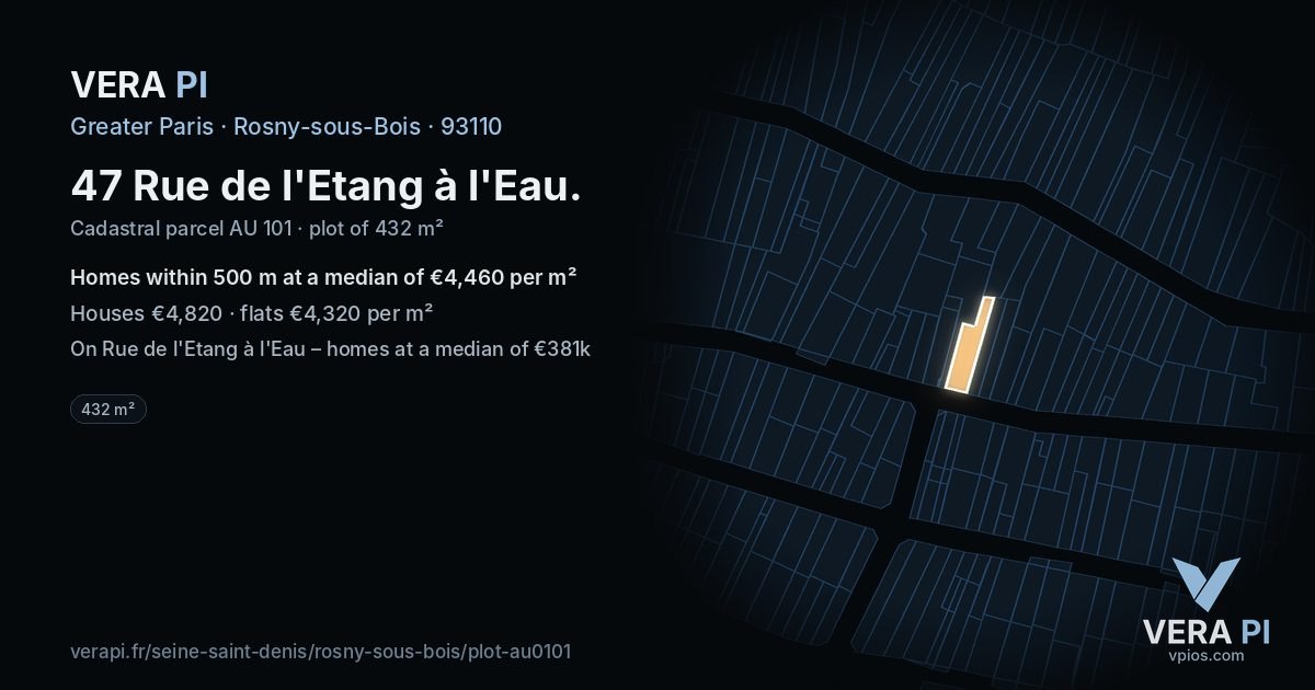 47 Rue de l'Etang à l'Eau, Rosny-sous-Bois at night – the plot lit, the parcels around coloured by the prices near them