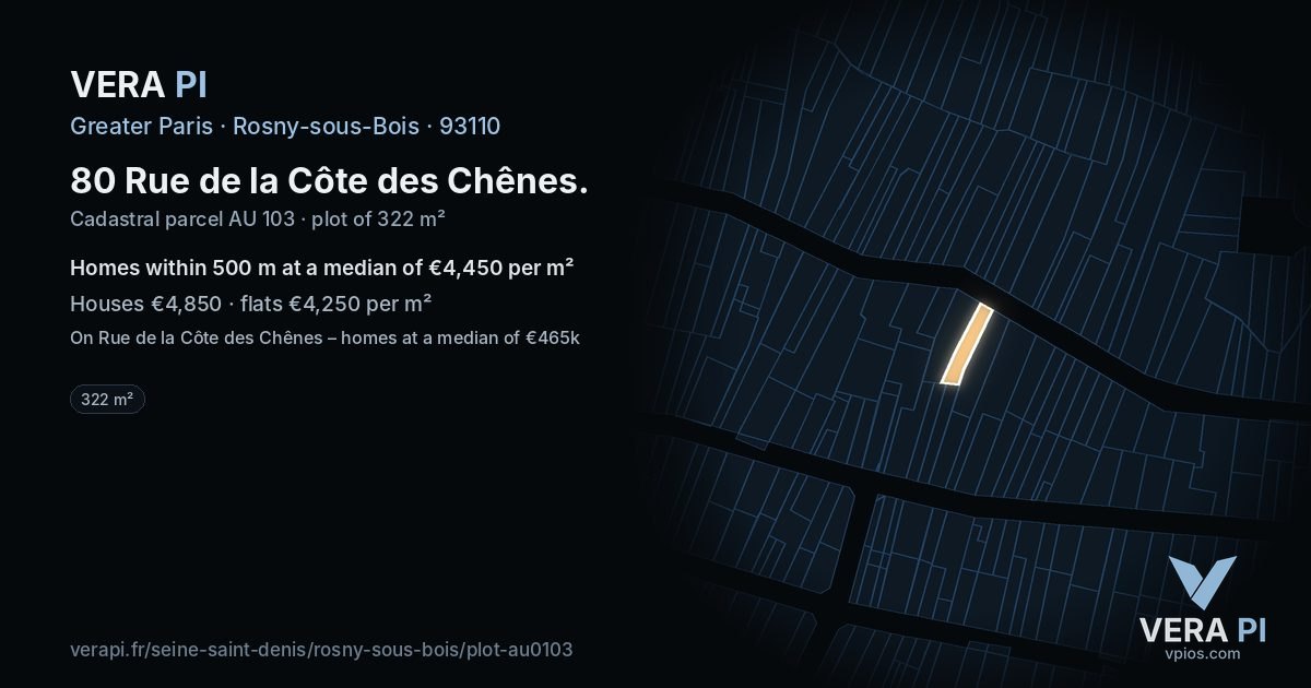 80 Rue de la Côte des Chênes, Rosny-sous-Bois at night – the plot lit, the parcels around coloured by the prices near them