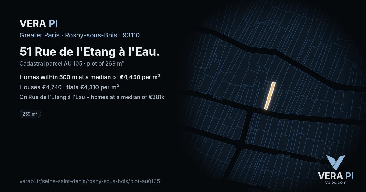 51 Rue de l'Etang à l'Eau, Rosny-sous-Bois at night – the plot lit, the parcels around coloured by the prices near them
