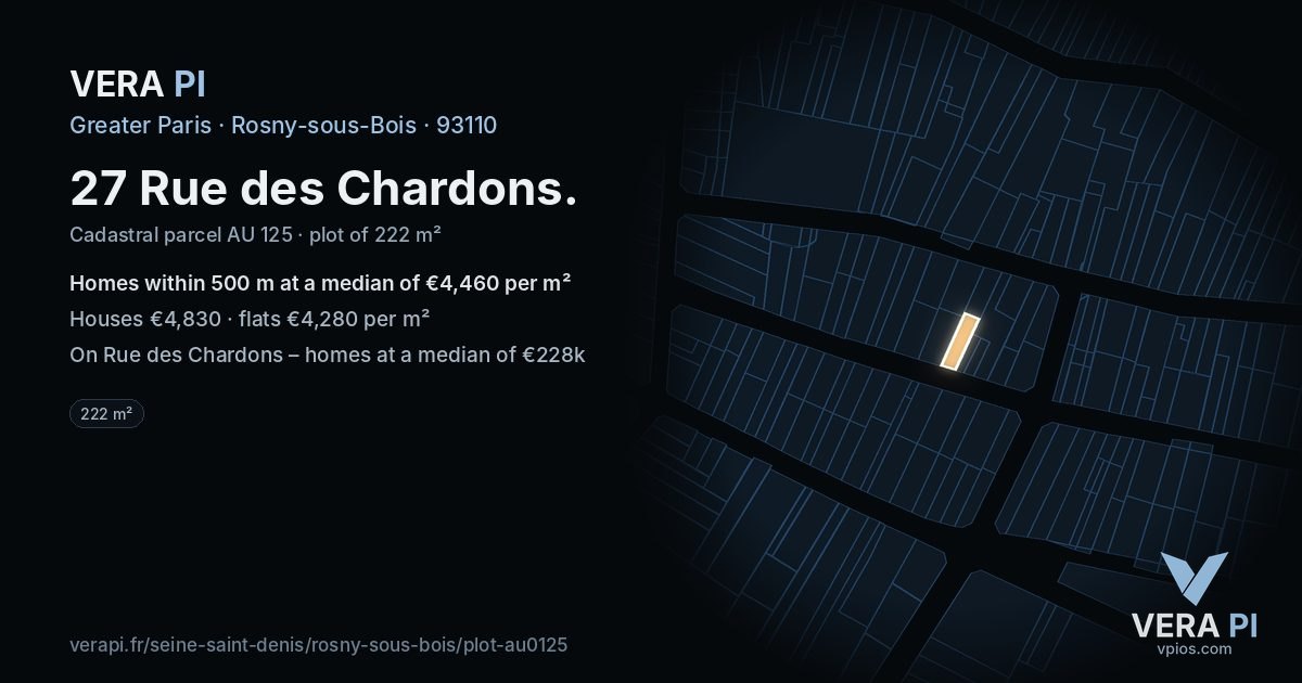 27 Rue des Chardons, Rosny-sous-Bois at night – the plot lit, the parcels around coloured by the prices near them