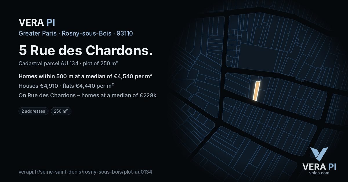 5 Rue des Chardons, Rosny-sous-Bois at night – the plot lit, the parcels around coloured by the prices near them
