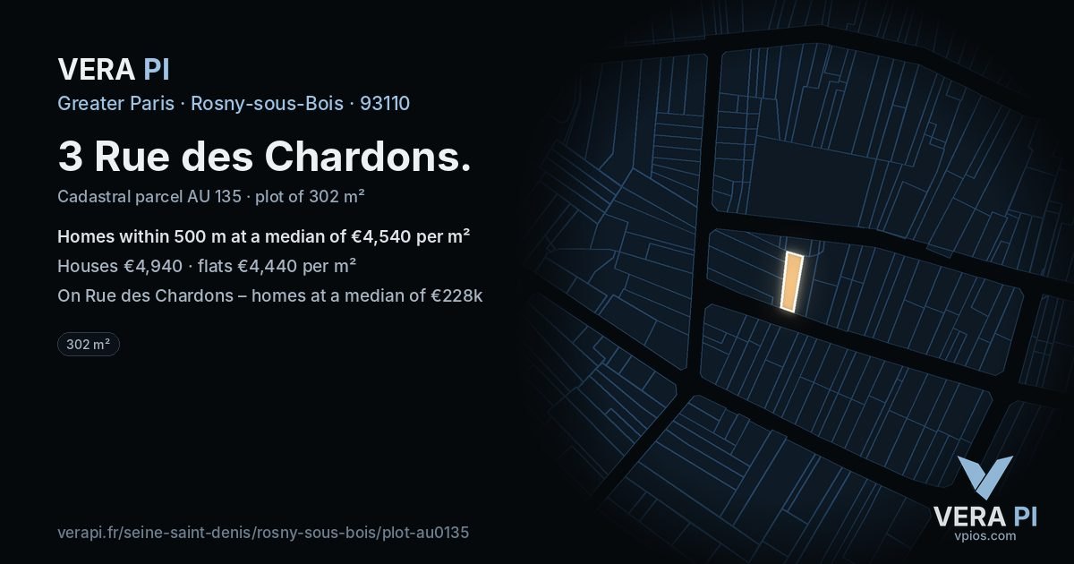 3 Rue des Chardons, Rosny-sous-Bois at night – the plot lit, the parcels around coloured by the prices near them