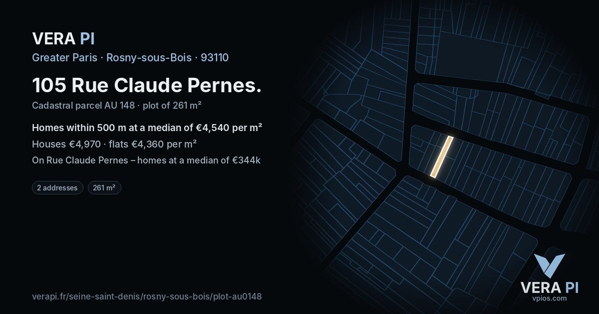 105 Rue Claude Pernes, Rosny-sous-Bois at night – the plot lit, the parcels around coloured by the prices near them