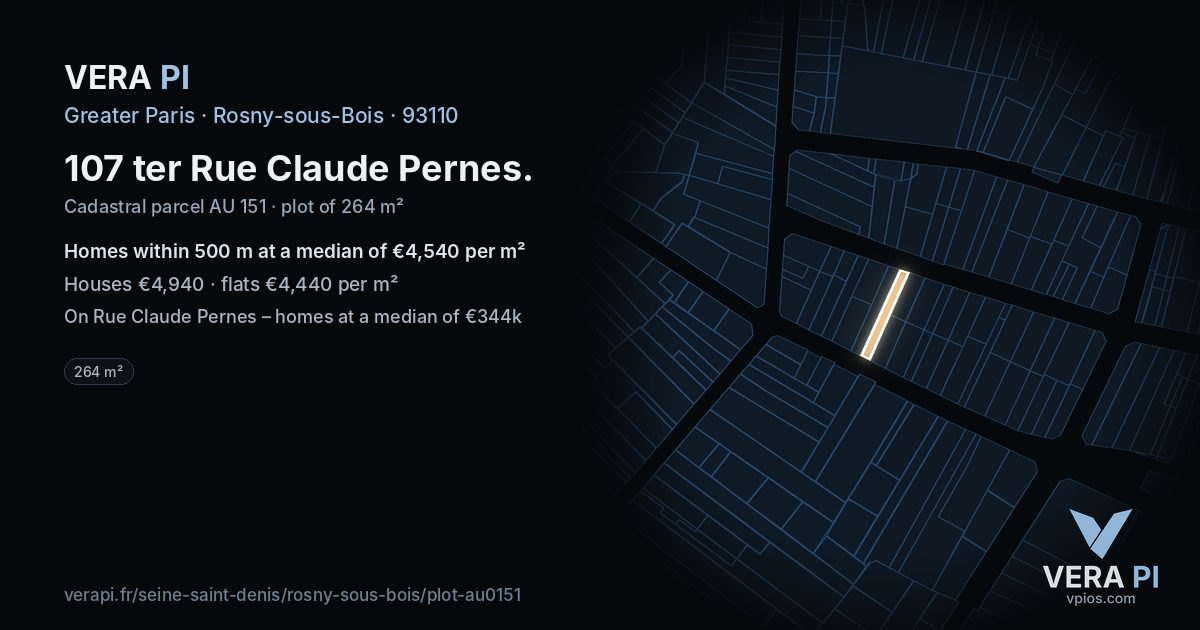 107 ter Rue Claude Pernes, Rosny-sous-Bois at night – the plot lit, the parcels around coloured by the prices near them