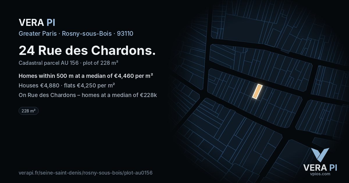 24 Rue des Chardons, Rosny-sous-Bois at night – the plot lit, the parcels around coloured by the prices near them