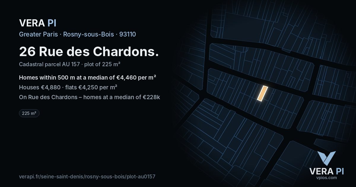 26 Rue des Chardons, Rosny-sous-Bois at night – the plot lit, the parcels around coloured by the prices near them