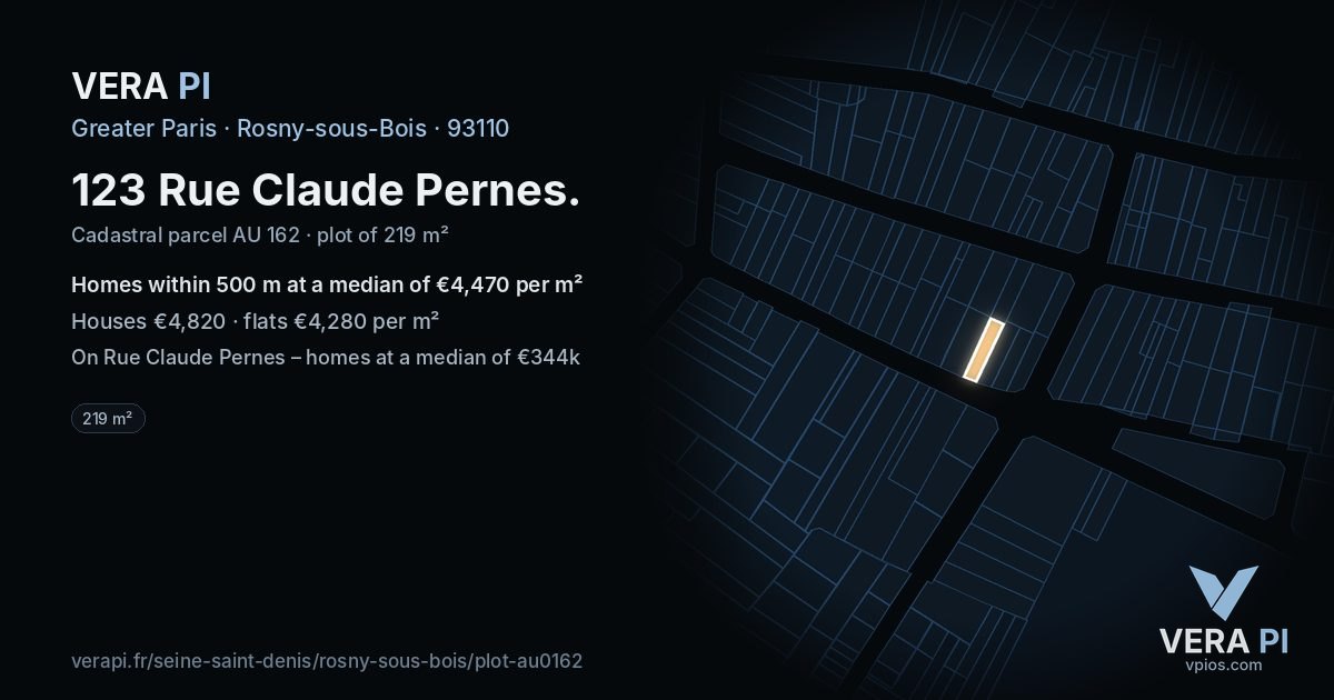 123 Rue Claude Pernes, Rosny-sous-Bois at night – the plot lit, the parcels around coloured by the prices near them