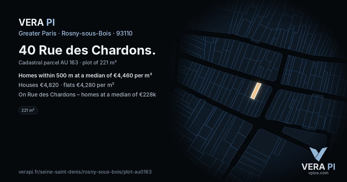 40 Rue des Chardons, Rosny-sous-Bois at night – the plot lit, the parcels around coloured by the prices near them