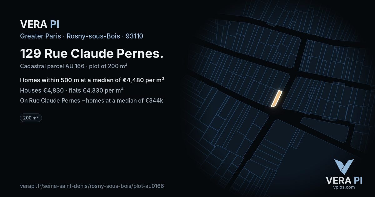 129 Rue Claude Pernes, Rosny-sous-Bois at night – the plot lit, the parcels around coloured by the prices near them