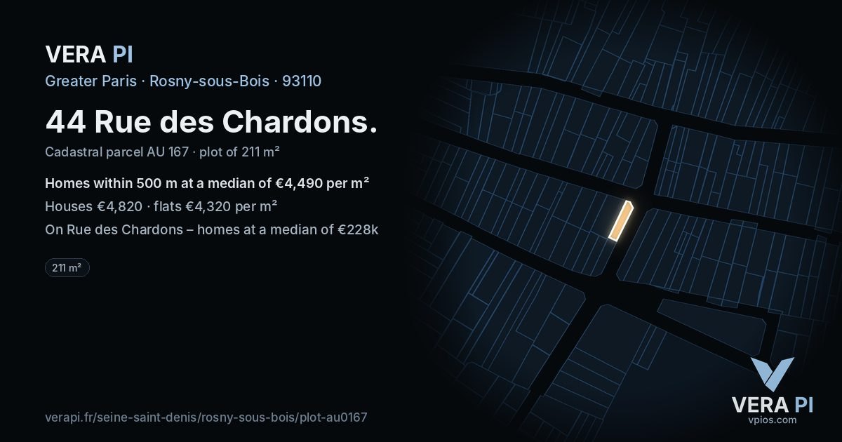 44 Rue des Chardons, Rosny-sous-Bois at night – the plot lit, the parcels around coloured by the prices near them