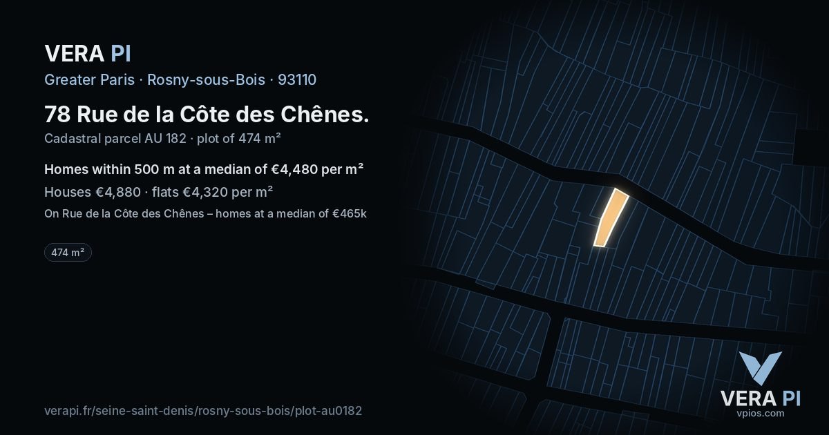 78 Rue de la Côte des Chênes, Rosny-sous-Bois at night – the plot lit, the parcels around coloured by the prices near them
