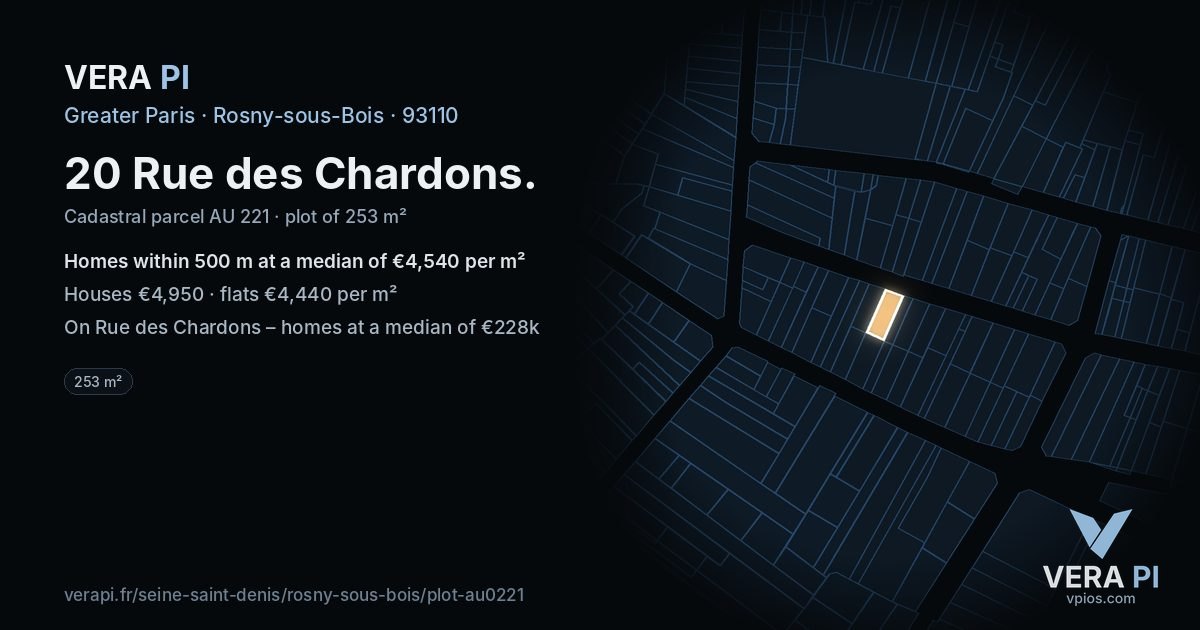 20 Rue des Chardons, Rosny-sous-Bois at night – the plot lit, the parcels around coloured by the prices near them