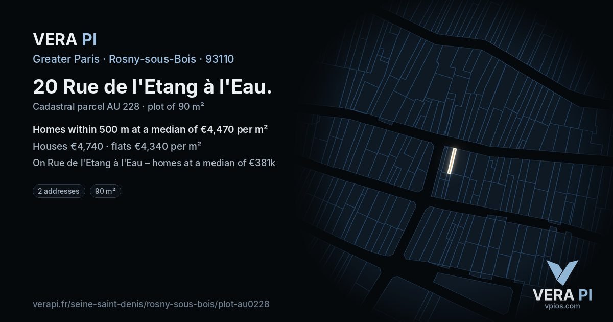 20 Rue de l'Etang à l'Eau, Rosny-sous-Bois at night – the plot lit, the parcels around coloured by the prices near them