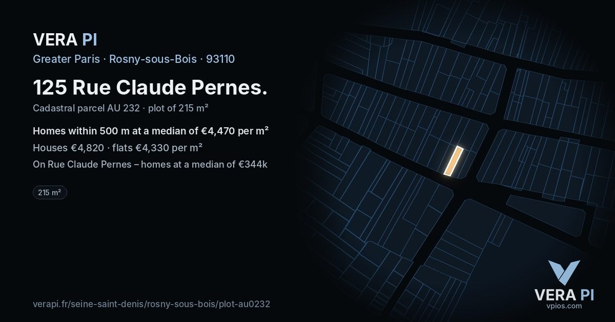 125 Rue Claude Pernes, Rosny-sous-Bois at night – the plot lit, the parcels around coloured by the prices near them