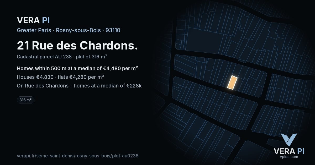 21 Rue des Chardons, Rosny-sous-Bois at night – the plot lit, the parcels around coloured by the prices near them