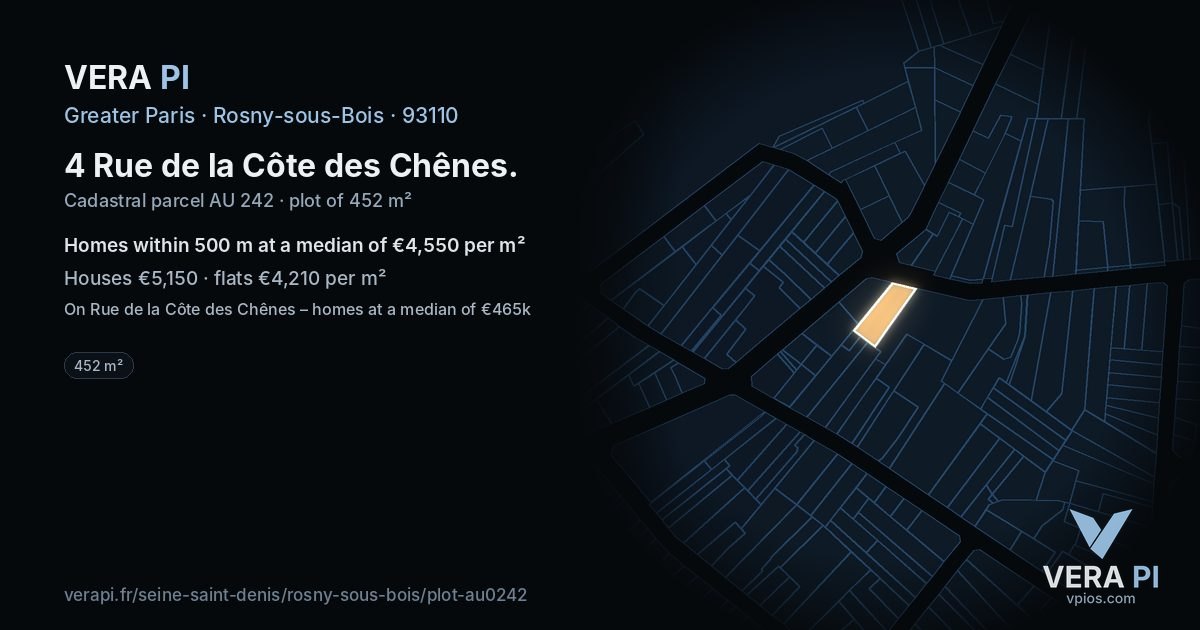 4 Rue de la Côte des Chênes, Rosny-sous-Bois at night – the plot lit, the parcels around coloured by the prices near them
