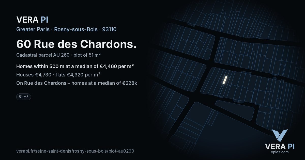 60 Rue des Chardons, Rosny-sous-Bois at night – the plot lit, the parcels around coloured by the prices near them