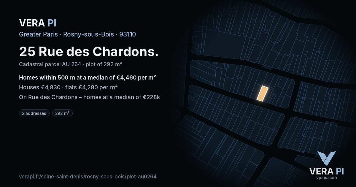 25 Rue des Chardons, Rosny-sous-Bois at night – the plot lit, the parcels around coloured by the prices near them